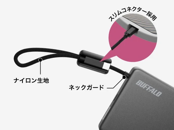 BUFFALO製デバイスに接続されたストラップの詳細画像です。ストラップはナイロン生地で、ネックガードを備え、スリムコネクターが採用されていることが示されています。