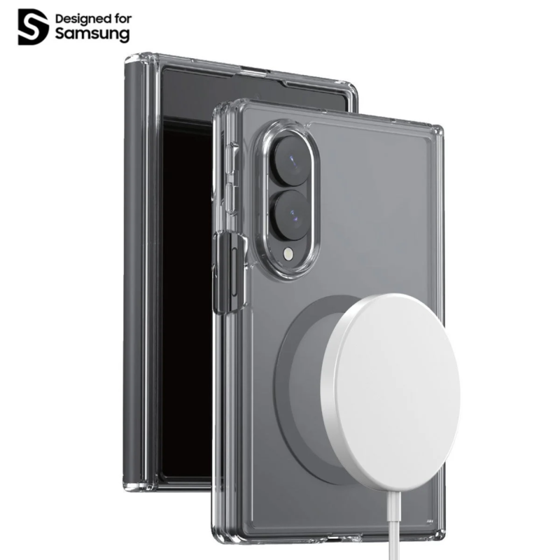 透明なスマホケースを装着したSamsung製折りたたみスマートフォンに、MagSafe対応のワイヤレス充電器が磁力で取り付けられている様子。シンプルなデザインのアクセサリーが特徴です。