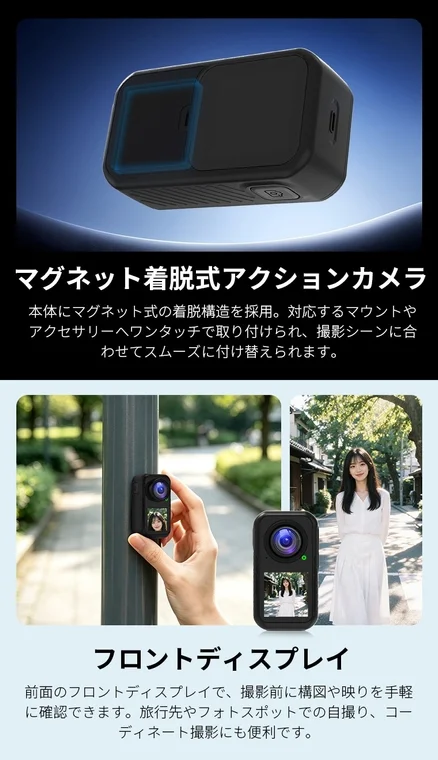 マグネット着脱式アクションカメラの利用イメージ