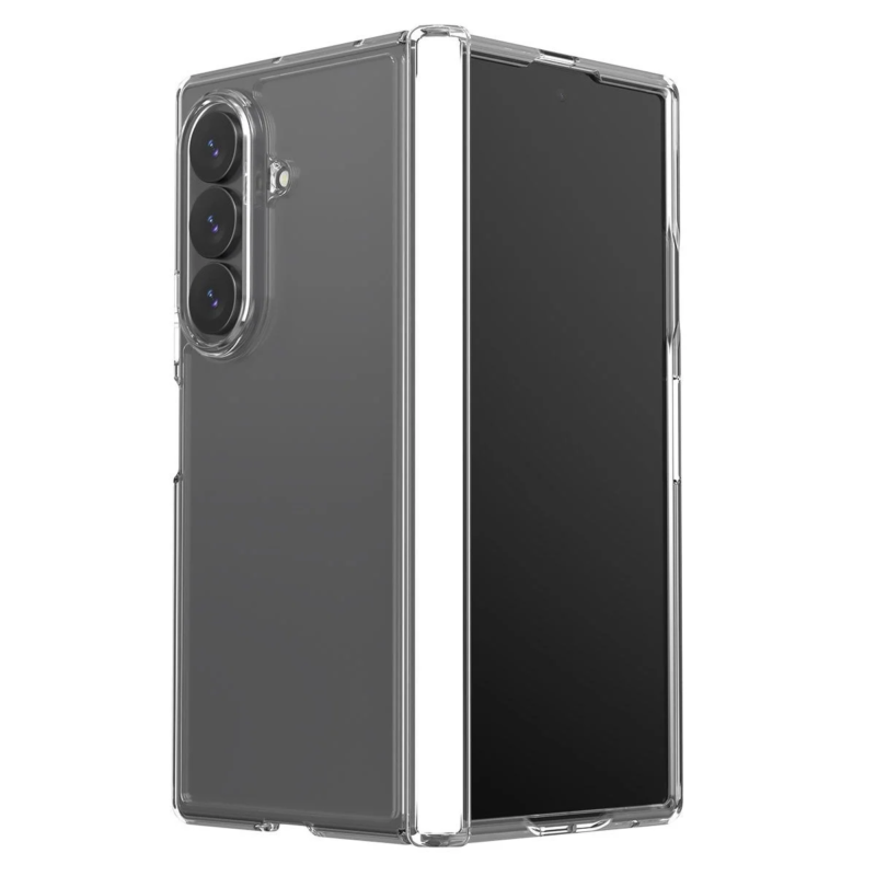 透明な保護ケースに収められた折りたたみ式スマートフォン