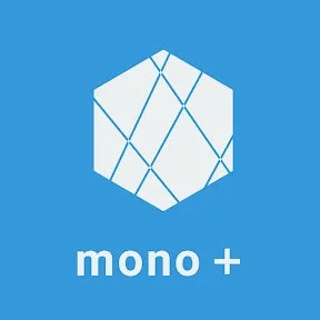 青い背景に白い六角形の幾何学模様のアイコンと、「mono +」というテキストが配置されたロゴ画像です。