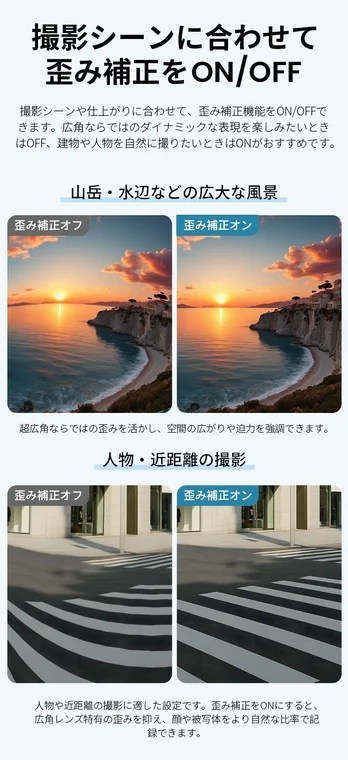 歪み補正機能のON/OFFによる比較