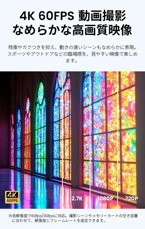 4K 60FPSでの高画質動画撮影イメージ