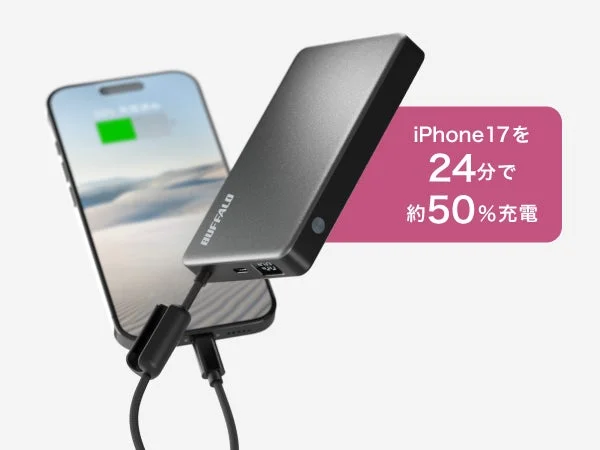 BUFFALO製のモバイルバッテリーがスマートフォンを充電している様子です。ピンクの吹き出しには「iPhone17を24分で約50%充電」とあり、急速充電性能をアピールしています。