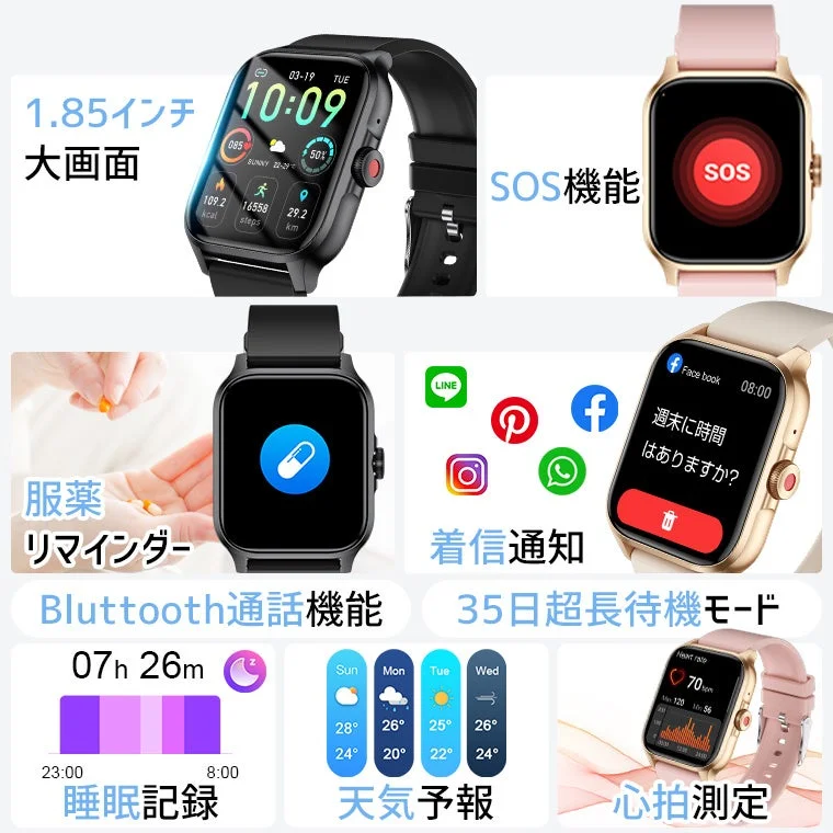 1.85インチ 大画面 SOS機能 他