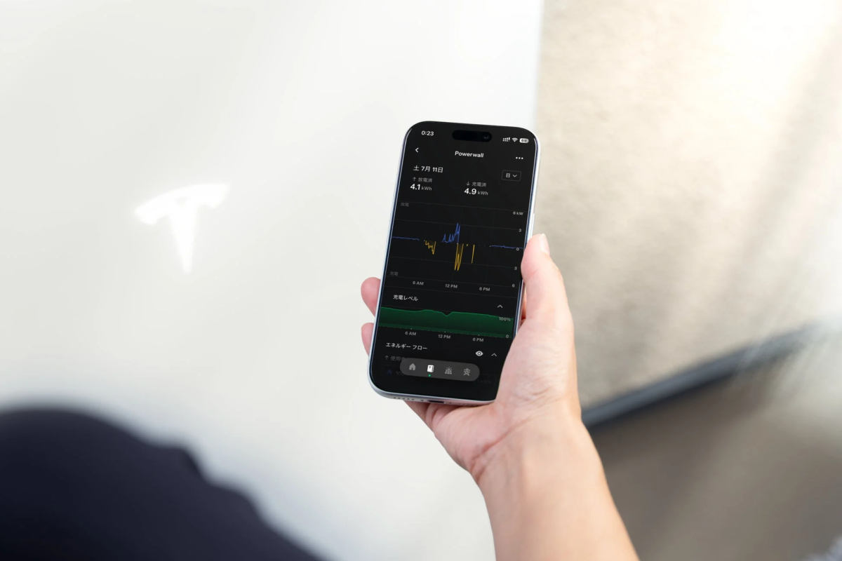 スマートフォンでテスラPowerwallのエネルギー管理アプリを表示している画像。アプリ画面には、Powerwallの充電・放電量、電力のグラフ、充電レベル100%などの情報が表示されており、エネルギーの利用状況を確認できる。