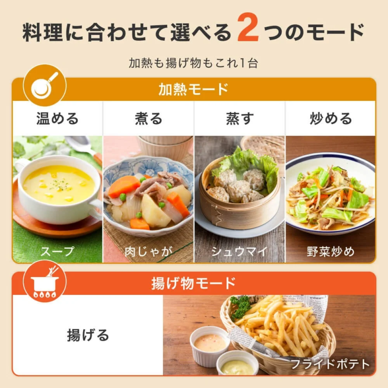 料理に合わせて選べる2つのモード
