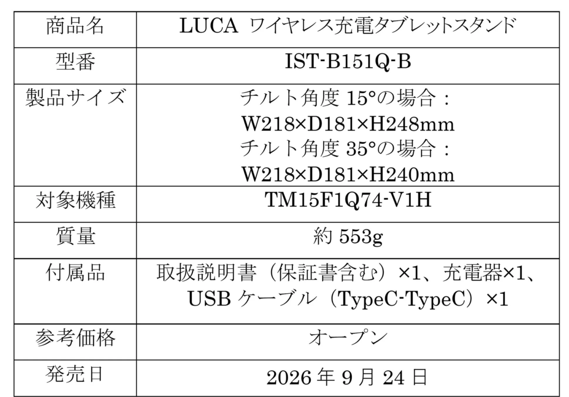 LUCA ワイヤレス充電タブレットスタンド製品仕様