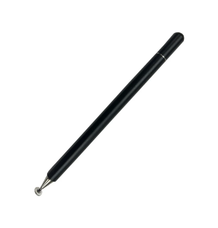 白い背景に斜めに置かれた黒いスタイラスペンです。ペン先は透明なディスク型で、デジタルデバイスの操作に使用されます。